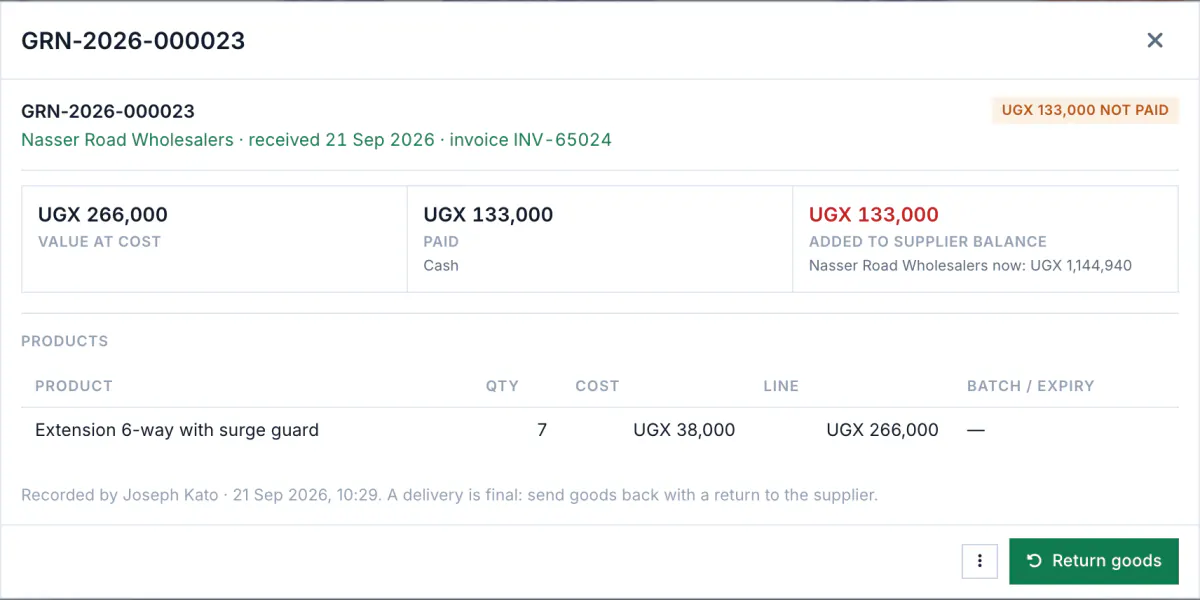 A supplier delivery in Budget Pro: the items received, their cost and the amount paid so far.
