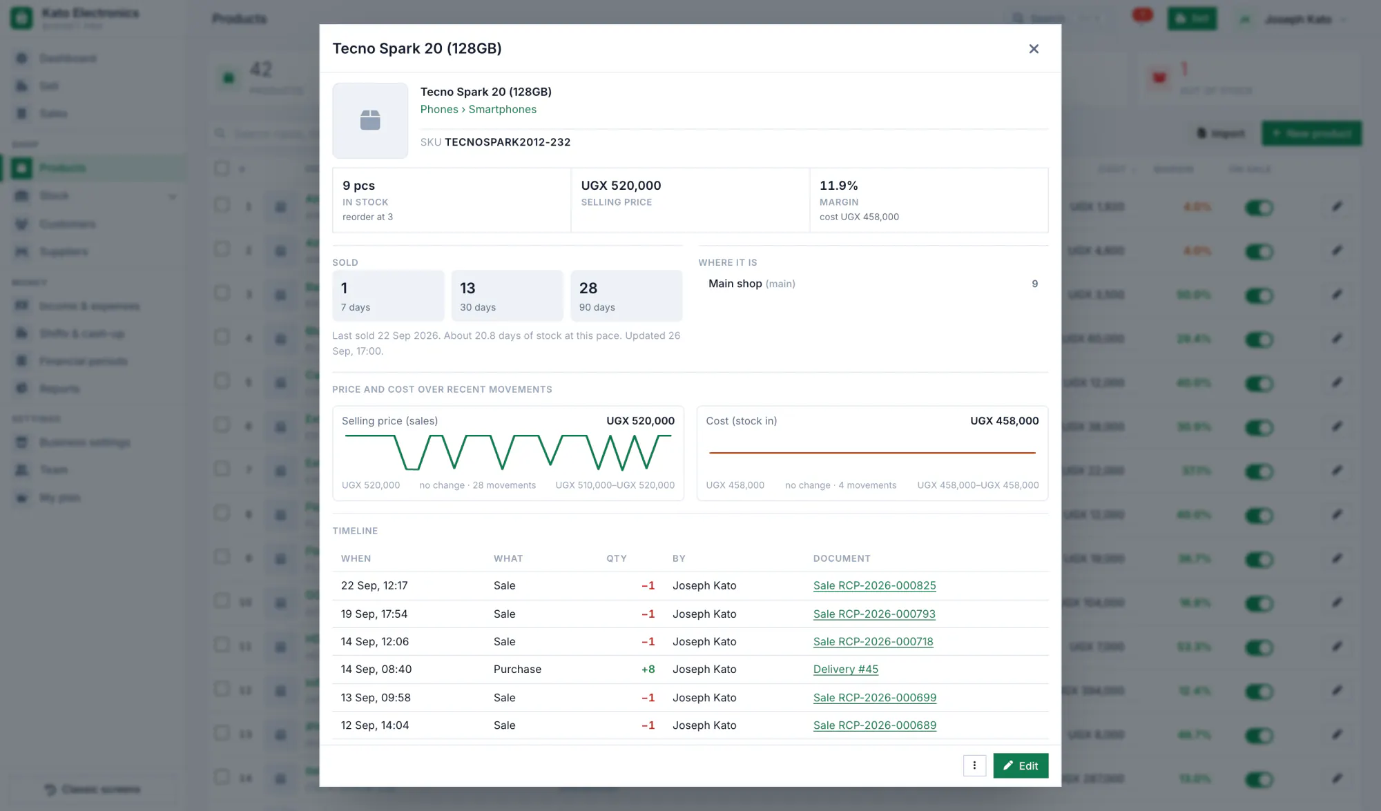 A product in Budget Pro: stock on hand, buying and selling price, and a list of stock movements with reasons.