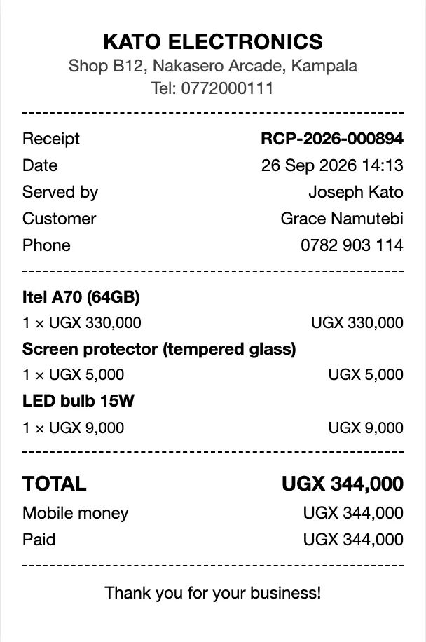 A Budget Pro receipt from Kato Electronics with the items, the total and how it was paid.