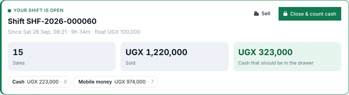 An open shift in Budget Pro with its opening float and the money taken so far.