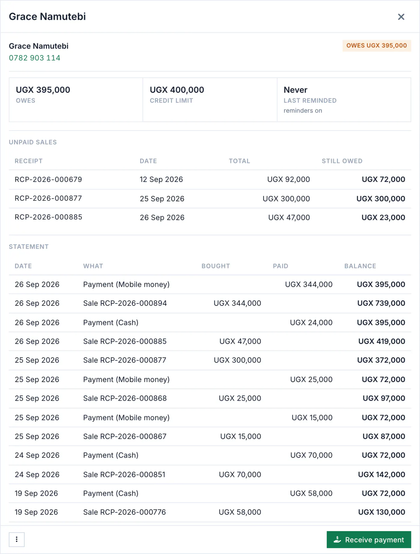 A customer's statement in Budget Pro: credit sales and payments with the balance after each, and a button to receive a payment.