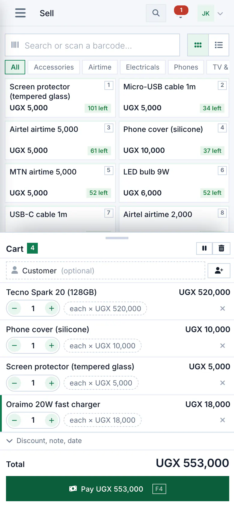 The Budget Pro till on a phone: a cart of phone accessories, the total and a button to take payment.